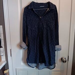 Navy Blue Polka Dot Button-Up Tuni Length Shirt